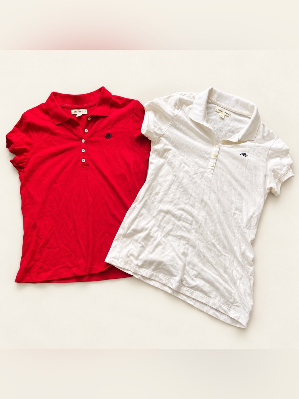 2 Aeropostale A87 Polo Shirt Lot of 2 Womenโs L Red White Pique Preppy
